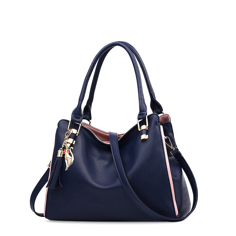 Vegan Leather Shoulder Bag – Havana Three Compartments — Deep Blue, front view | BTendance