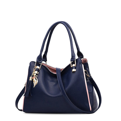 Vegan Leather Shoulder Bag – Havana Three Compartments — Deep Blue, front view | BTendance