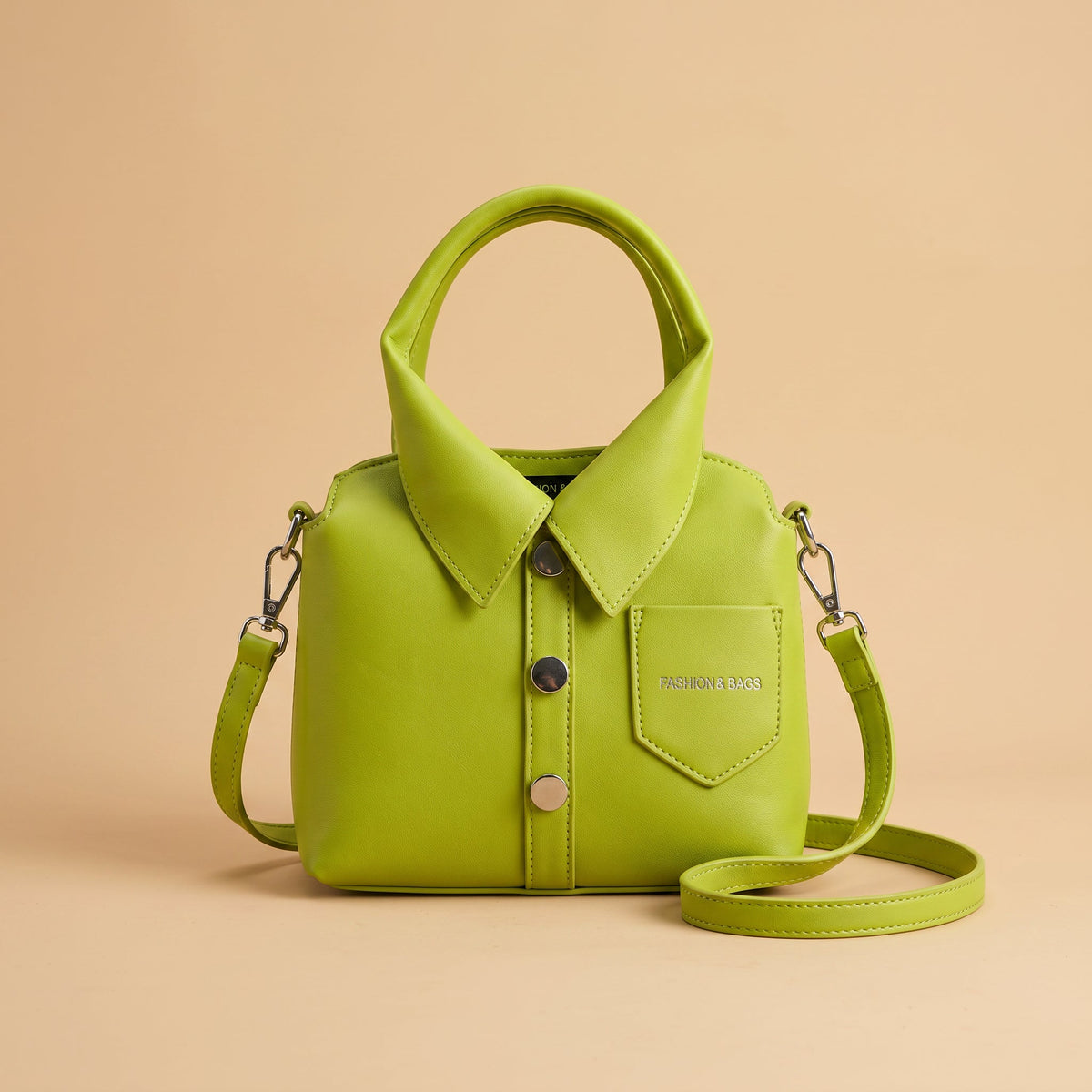 Vegan Leather Top Handle Bag – Collared Shirt Design — Lime Green, front with strap | BTendance