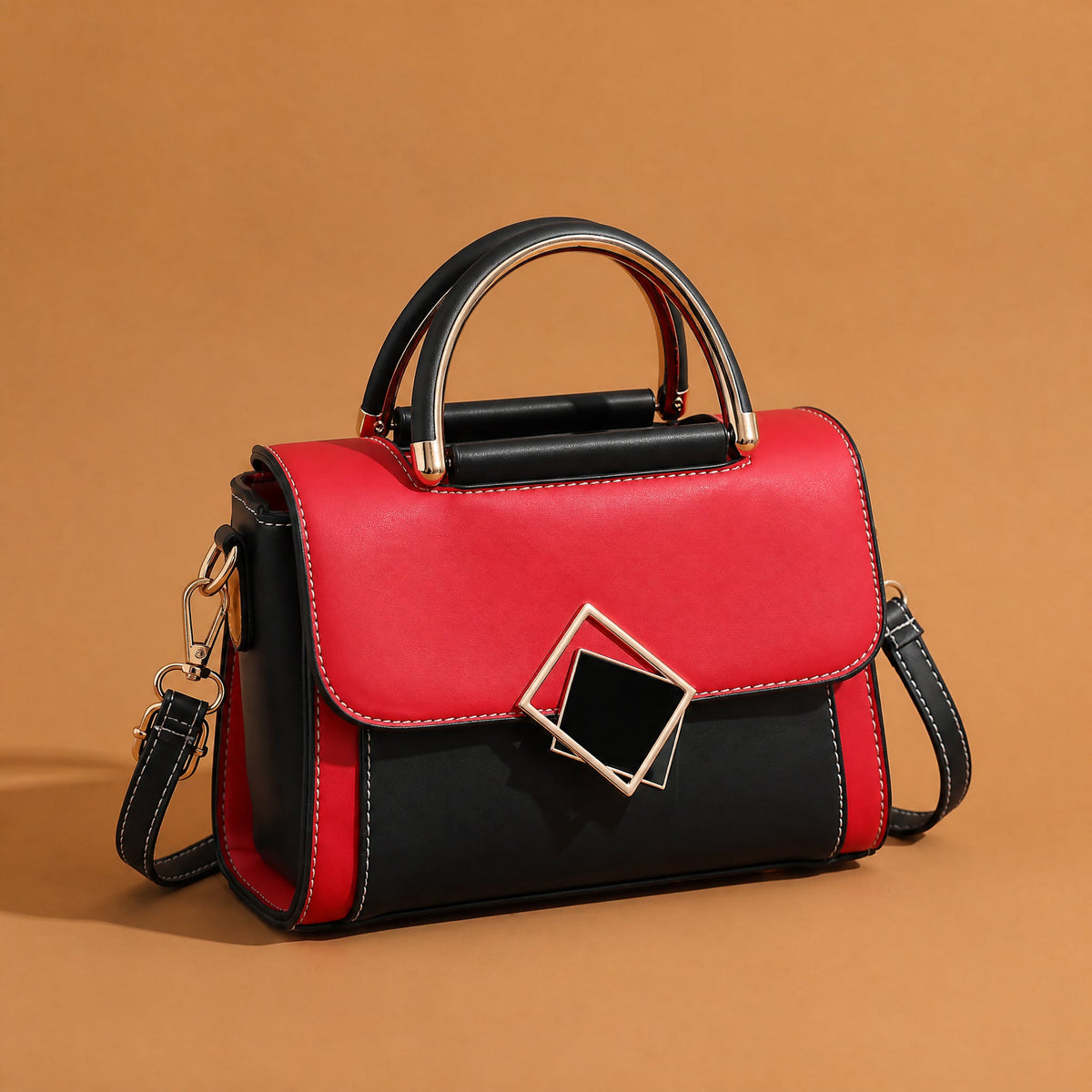 Colourblock Top Handle Handbag – Yelena Geometric Clasp — Red, front view | BTendance