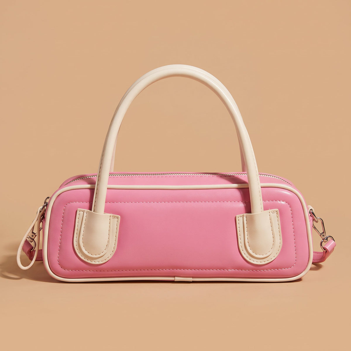 Retro Bowling Crossbody Bag – Camila Contrast Piping — Pink, front view | BTendance