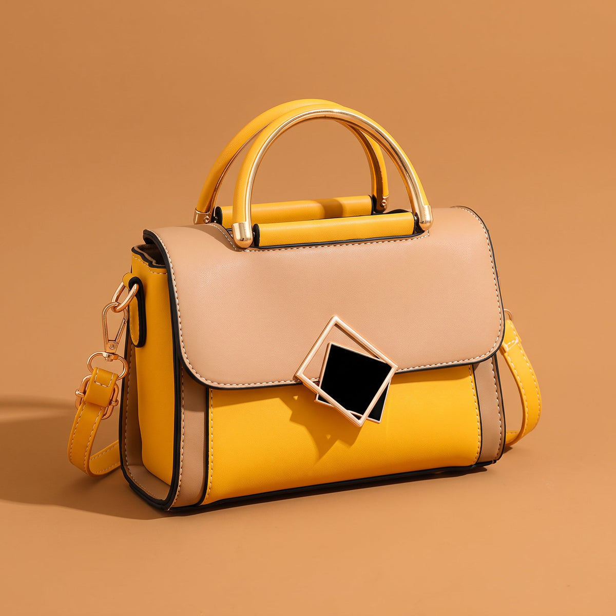 Colourblock Top Handle Handbag – Yelena Geometric Clasp — Yellow, front view | BTendance