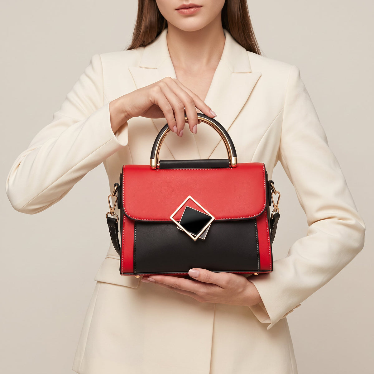 Colourblock Top Handle Handbag – Yelena Geometric Clasp — Red, hand-held front styling | BTendance