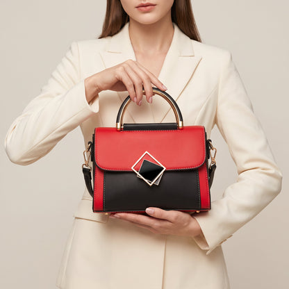 Colourblock Top Handle Handbag – Yelena Geometric Clasp — Red, hand-held front styling | BTendance