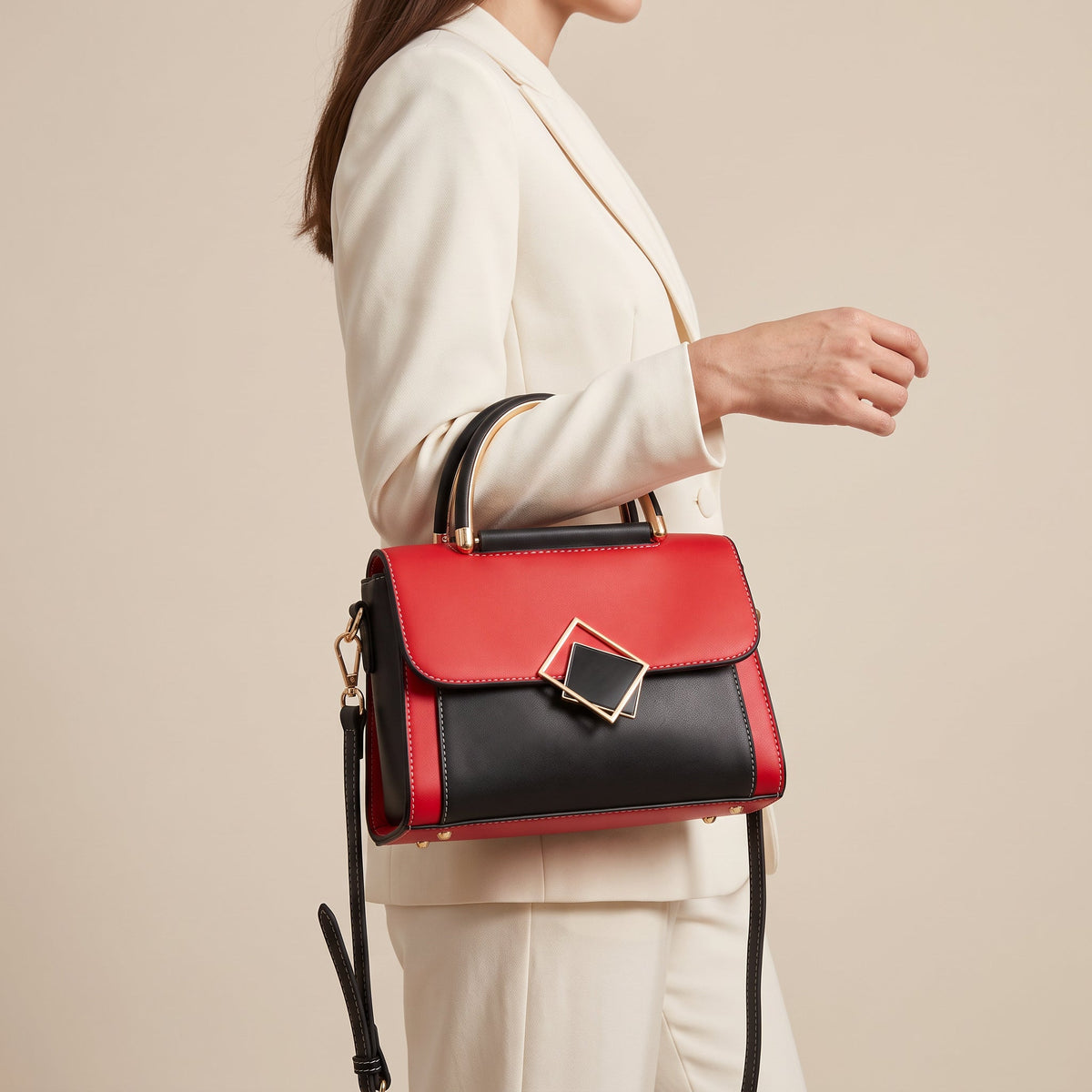 Colourblock Top Handle Handbag – Yelena Geometric Clasp — Red, side carrying | BTendance