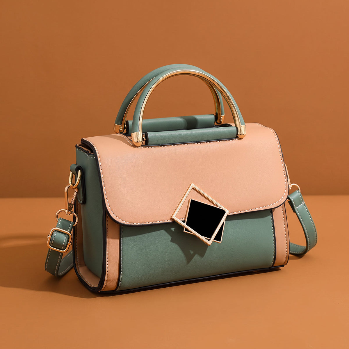 Colourblock Top Handle Handbag – Yelena Geometric Clasp — Jade Green, front view | BTendance