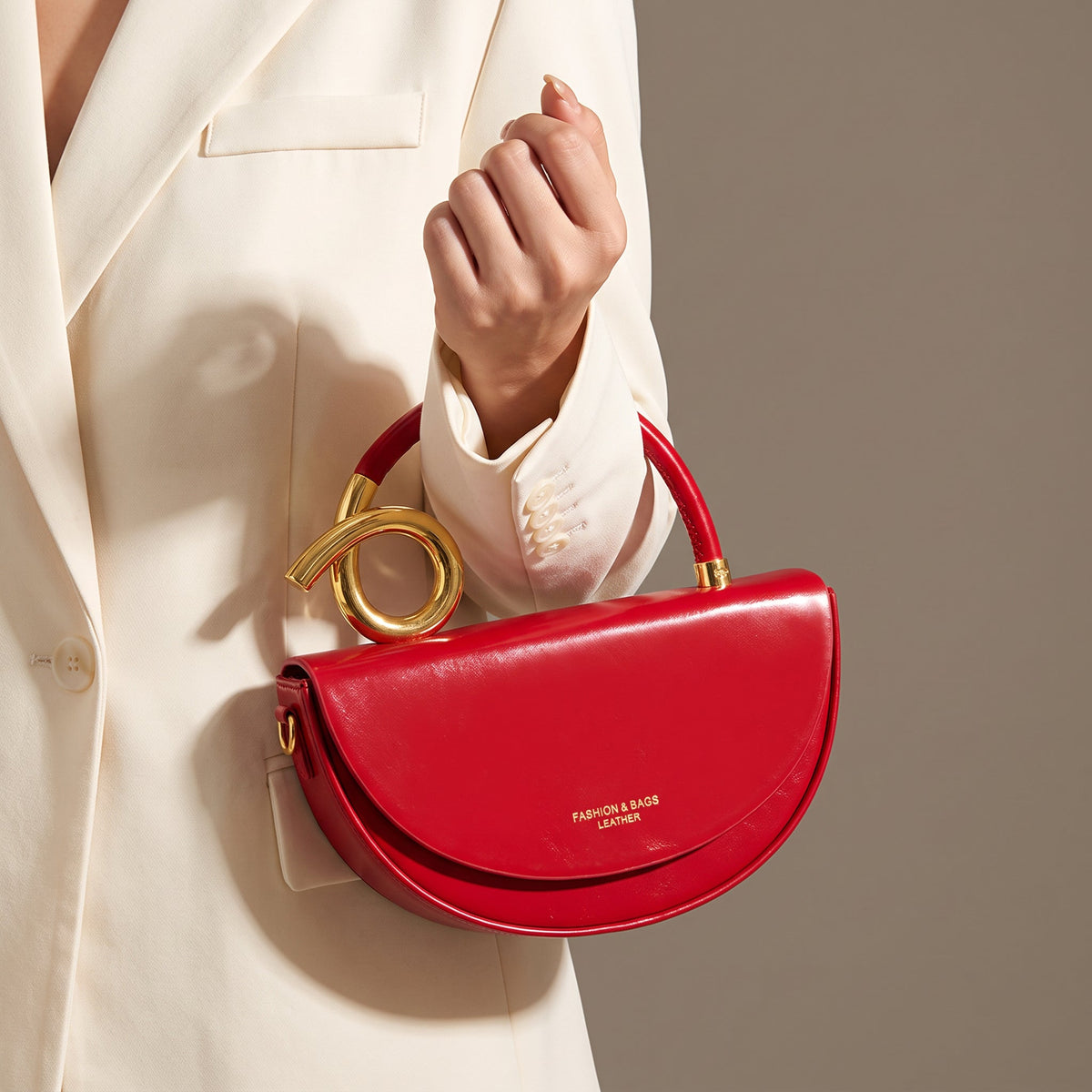 Vegan Leather Half-Moon Bag – Valeria Crossbody Strap — Red, side styling and loop handle | BTendance