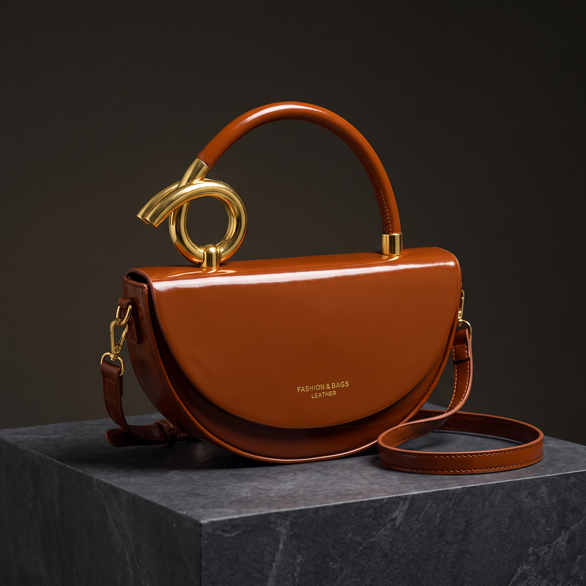 Vegan Leather Half-Moon Bag – Valeria Crossbody Strap — Brown, front view | BTendance