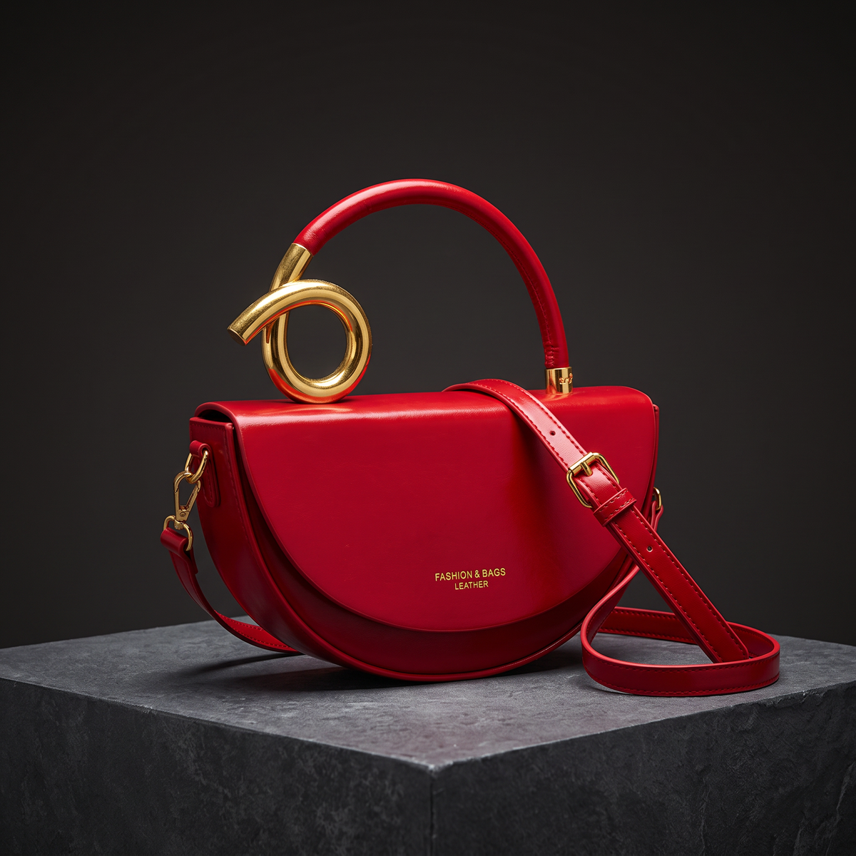 Vegan Leather Half-Moon Bag – Valeria Crossbody Strap — Red, front view | BTendance