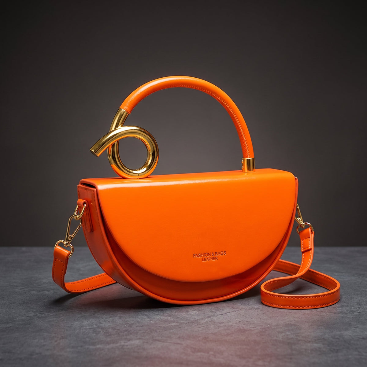 Vegan Leather Half-Moon Bag – Valeria Crossbody Strap — Orange, front view | BTendance