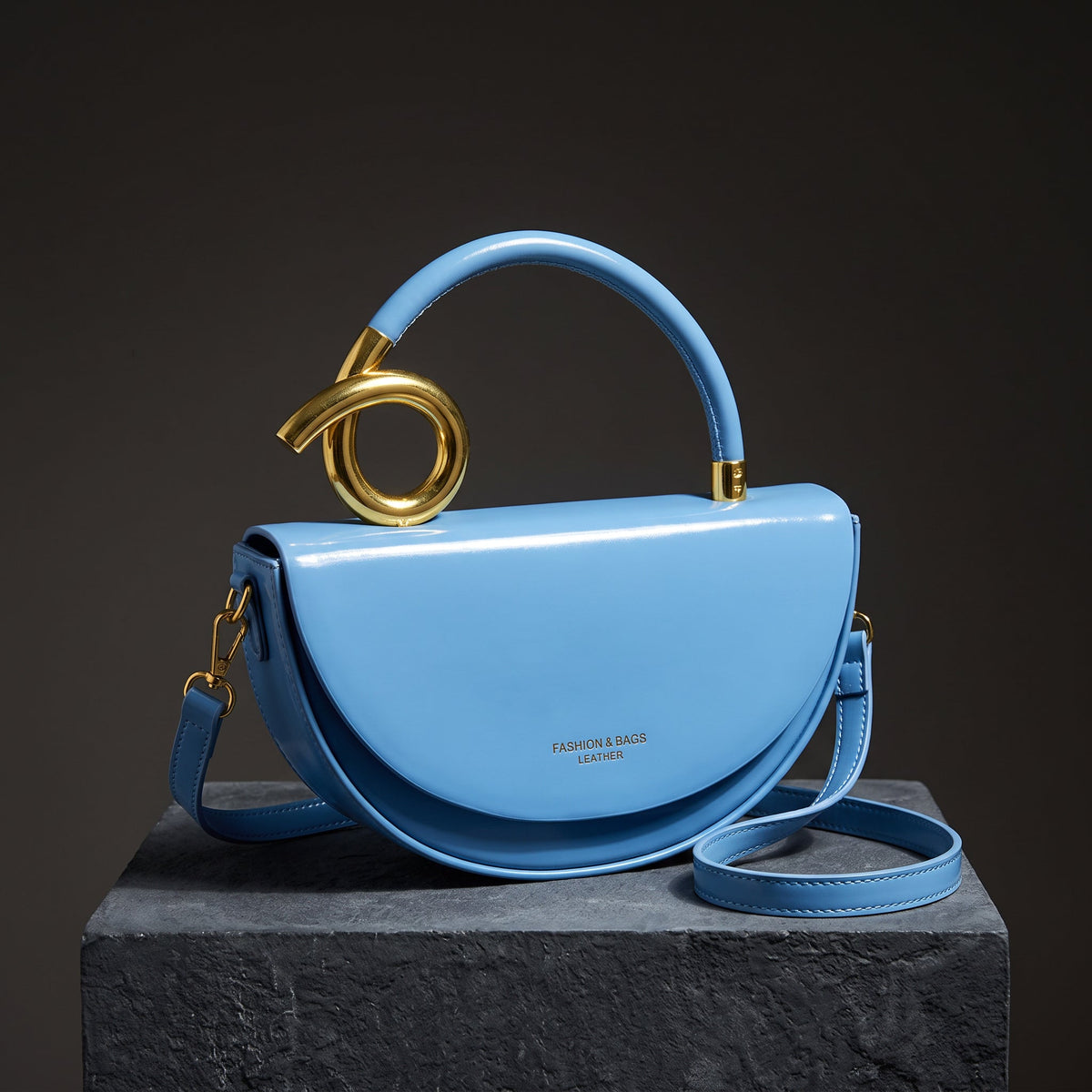 Vegan Leather Half-Moon Bag – Valeria Crossbody Strap — Sky Blue, front view | BTendance