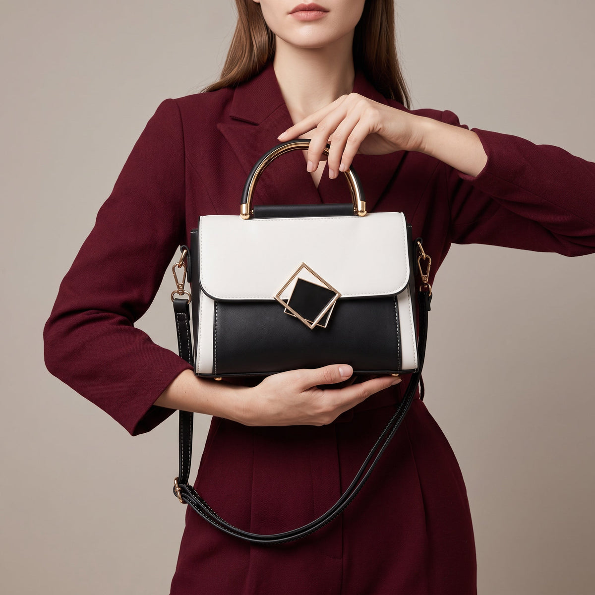 Colourblock Top Handle Handbag – Yelena Geometric Clasp — Black, hand-held front styling | BTendance