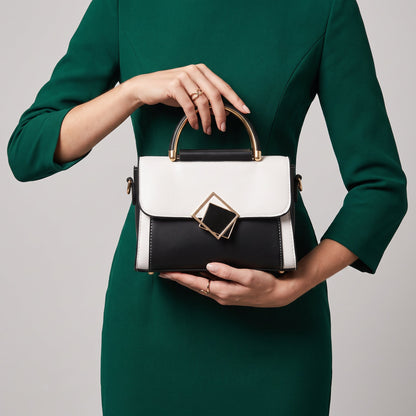 Colourblock Top Handle Handbag – Yelena Geometric Clasp — Black, handle and clasp close-up | BTendance