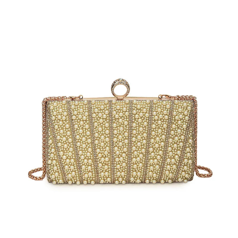 Women's Pearl-Effect Striped Evening Clutch – Gold front | BTendance