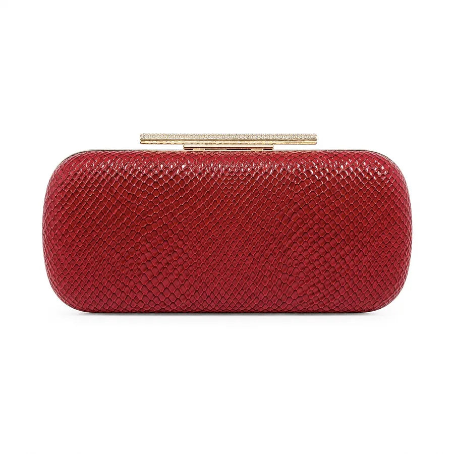 Snakeskin-texture rectangular evening clutch with bar clasp — red on white background | BTendance