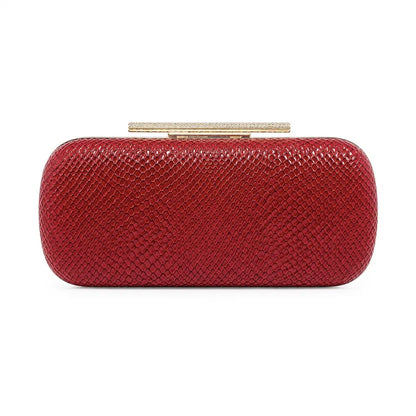 Snakeskin-texture rectangular evening clutch with bar clasp — red on white background | BTendance