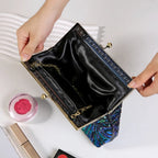 Women's Peacock Beaded Evening Clutch with Kiss Clasp – Open interior | BTendance