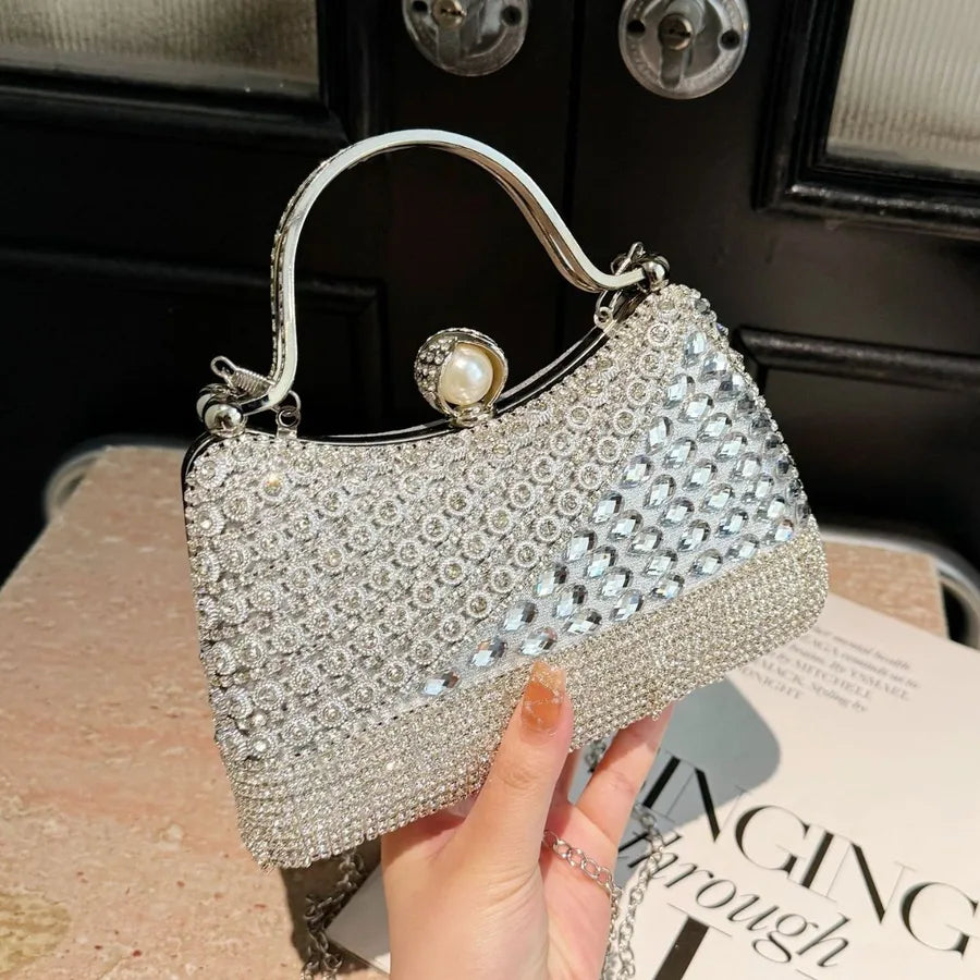 Women's Diagonal Rhinestone Top Handle Evening Bag – Silver front | BTendance