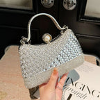 Women's Diagonal Rhinestone Top Handle Evening Bag – Silver front | BTendance