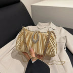 Pleated Evening Bag with Rhinestone Loop Detail – Gold held for scale | BTendance