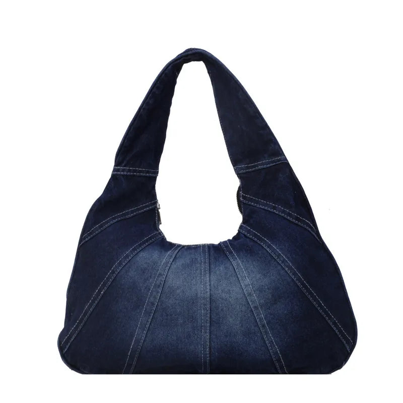 Denim shoulder bag with panel seams – Dark blue bag, front view | BTendance