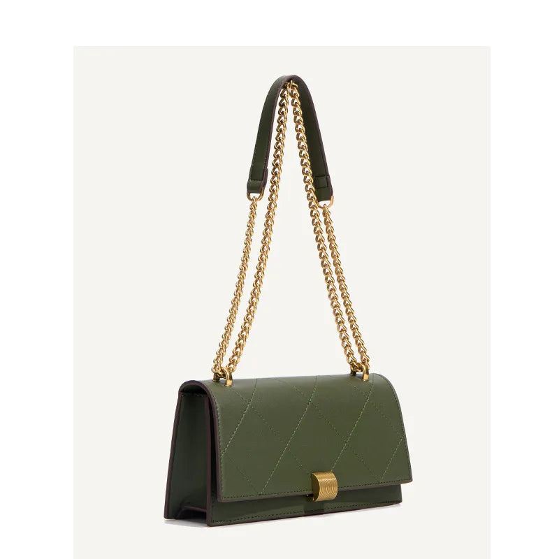 Geometric stitched chain shoulder bag – Olive green bag, angled front view | BTendance