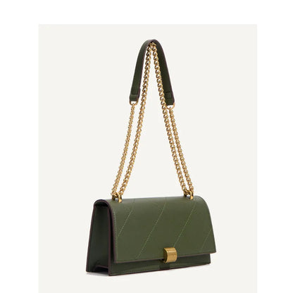 Geometric stitched chain shoulder bag – Olive green bag, angled front view | BTendance