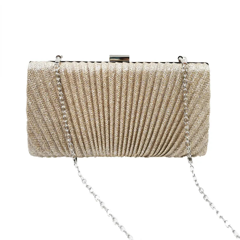 Women's Pleated Faux Leather Evening Clutch with Chain – Gold with chain | BTendance