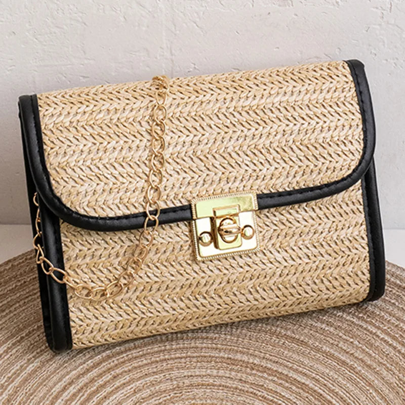 Woven flap crossbody bag with chain strap – Black trim bag with square gold clasp | BTendance