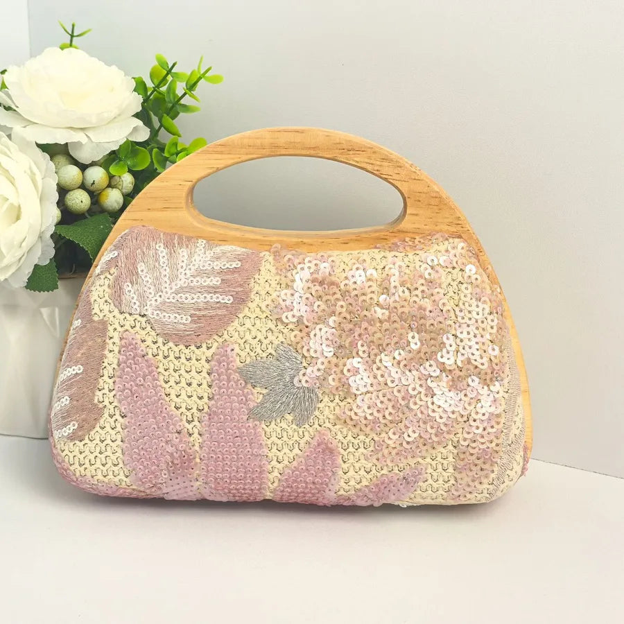 Floral Embroidered Sequin Evening Handbag in Beige Background Pink Flower | BTendance