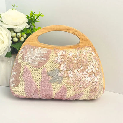 Floral Embroidered Sequin Evening Handbag in Beige Background Pink Flower | BTendance