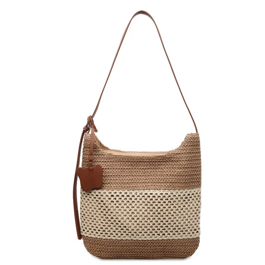 Open weave striped shoulder bag – Brown and cream bag on white background | BTendance