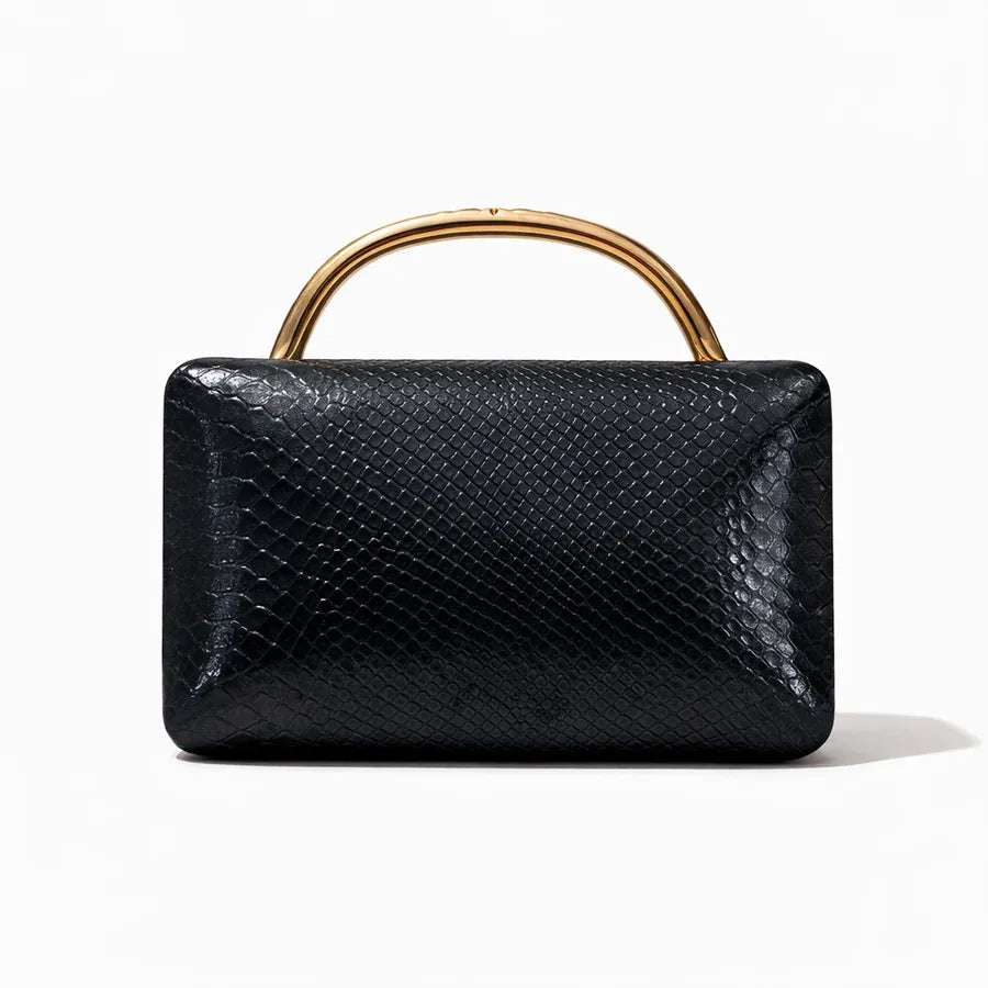 Croc-Embossed Faux Leather Top Handle Evening Bag – Black front | BTendance
