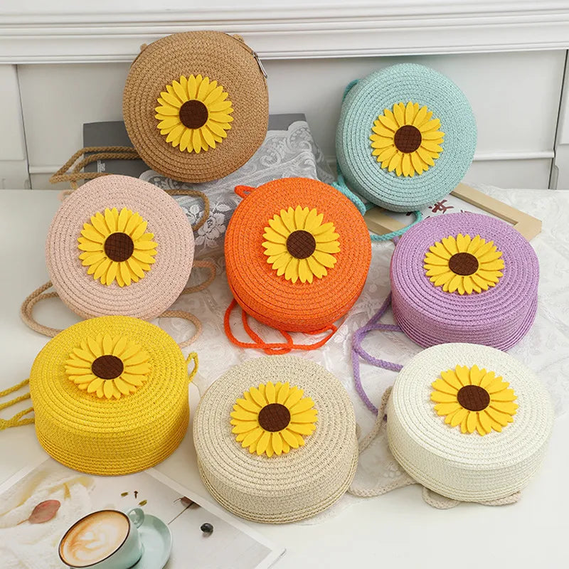 Round woven sunflower crossbody bag – Assorted colours with stem and leaf sunflower motif | BTendance