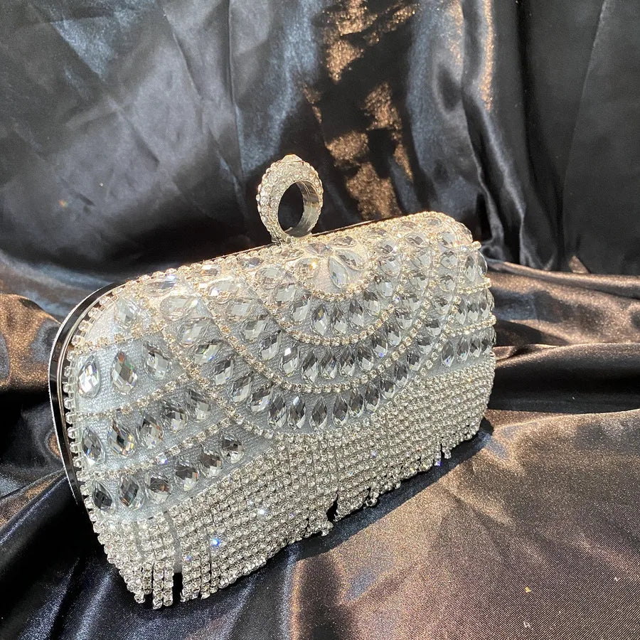 Scalloped Rhinestone Box Clutch – Silver front | BTendance