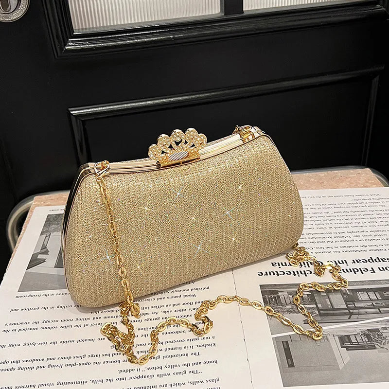 Women's Crown Clasp Rhinestone Evening Bag – Gold with chain | BTendance