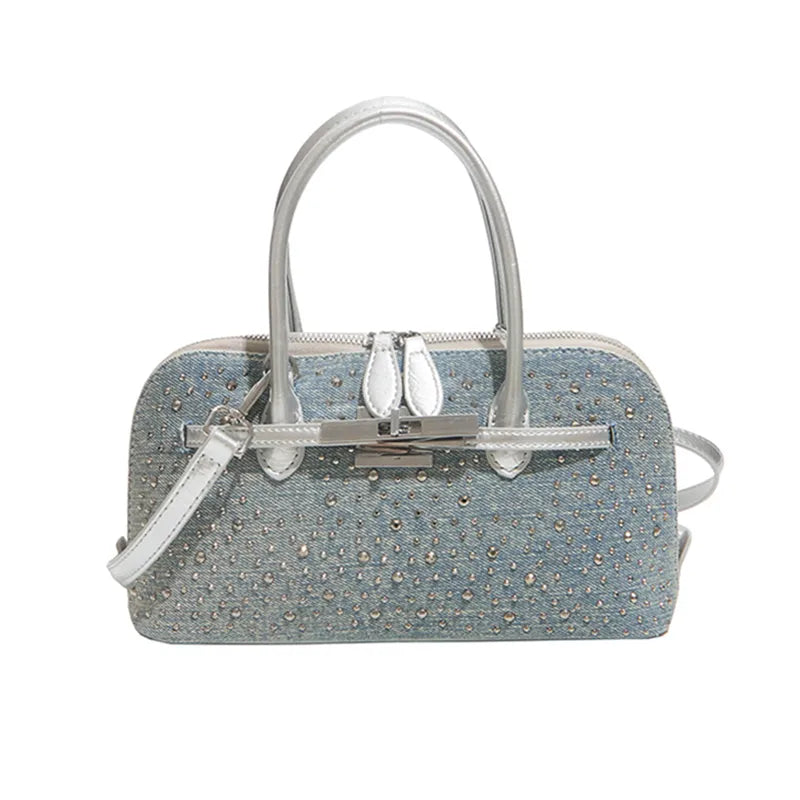 Denim handbag with silver-tone handles and shoulder strap — dotted embellishments front view | BTendance