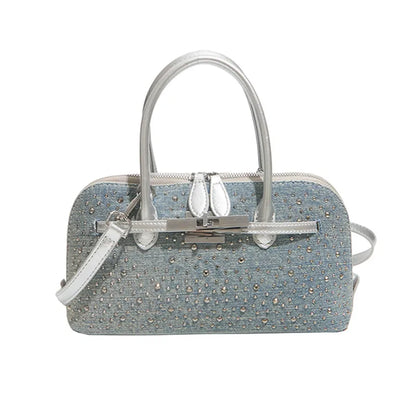 Denim handbag with silver-tone handles and shoulder strap — dotted embellishments front view | BTendance