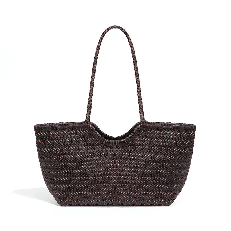Woven texture tote with drawstring lining – Dark brown tote, front view | BTendance