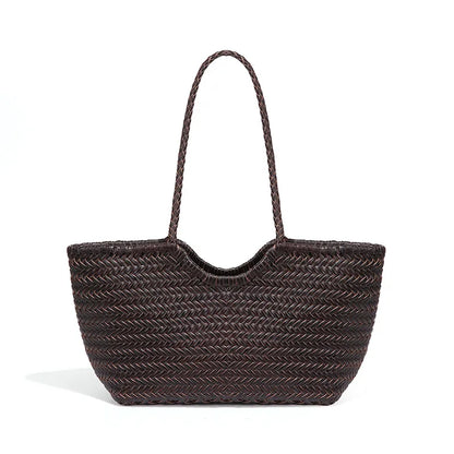 Woven texture tote with drawstring lining – Dark brown tote, front view | BTendance