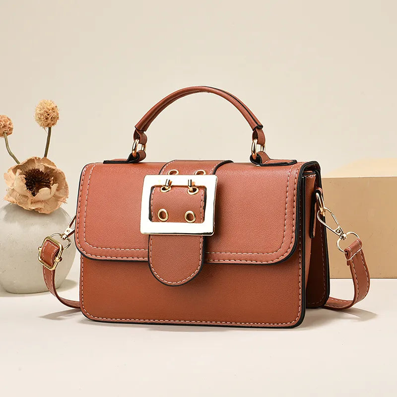 Buckle Detail Faux Leather Crossbody Bag in Yellowish Brown | BTendance