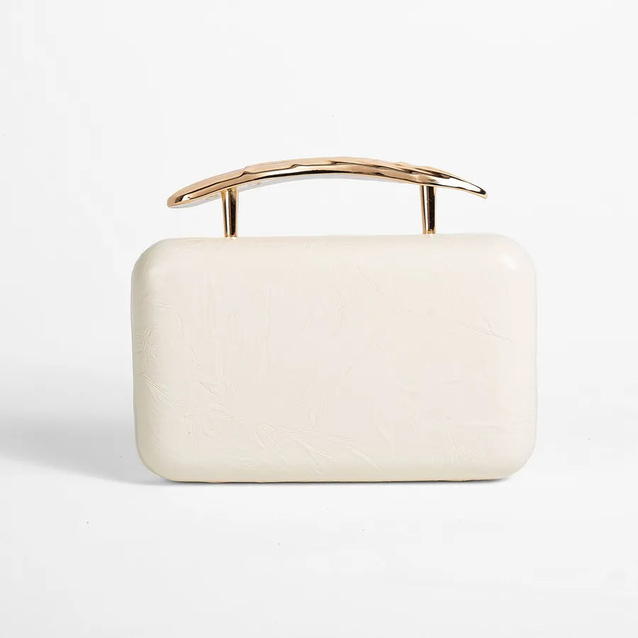 Textured rectangular evening bag with curved metal handle — ivory front view | BTendance
