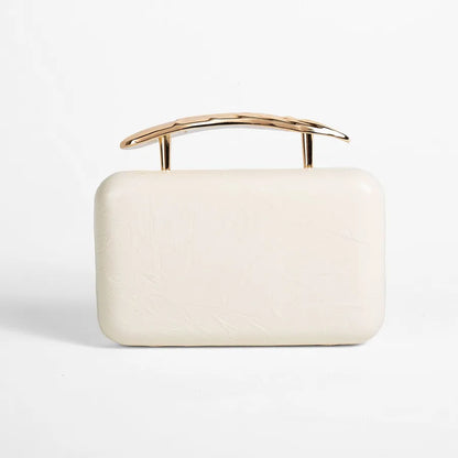 Textured rectangular evening bag with curved metal handle — ivory front view | BTendance