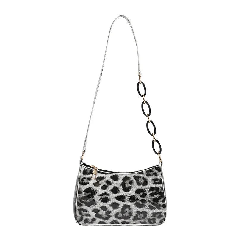 Leopard print bag with chain detail strap – Grey leopard bag with full strap shown | BTendance