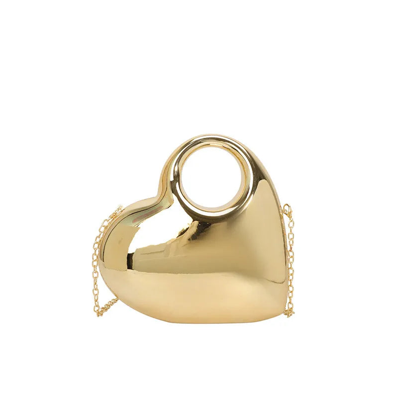 Women's Metallic Heart Clutch with Ring Handle – Light gold front | BTendance