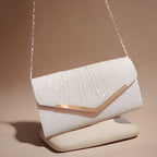 Pleated Envelope Evening Clutch with Metallic Trim – Champagne with chain | BTendance