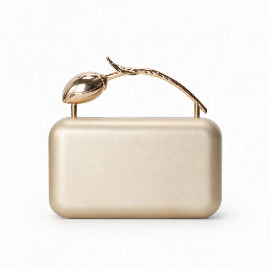 Rectangular evening clutch — gold with sculptural tulip handle | BTendance