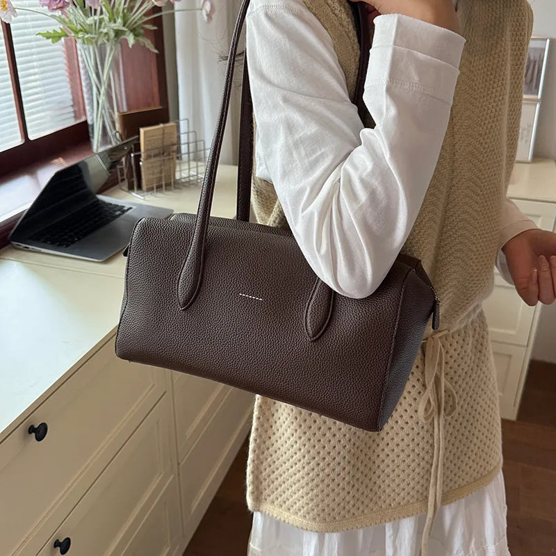 Rectangular shoulder bag with long twin handles — dark brown worn on shoulder | BTendance