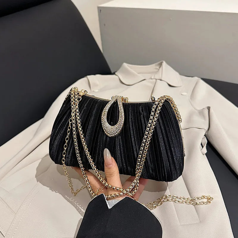 Pleated Evening Bag with Rhinestone Loop Detail – Black held for scale | BTendance