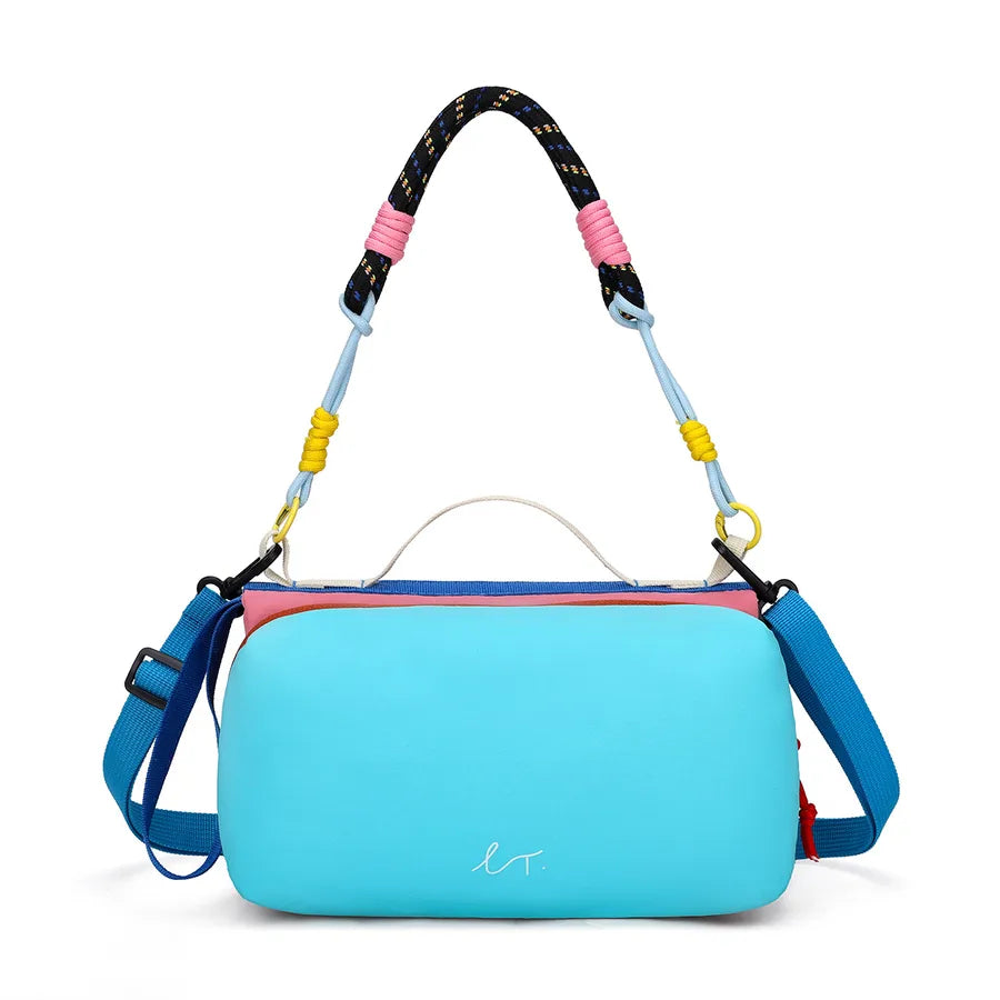 Color-block crossbody bag with rope handle — blue front view on white background | BTendance